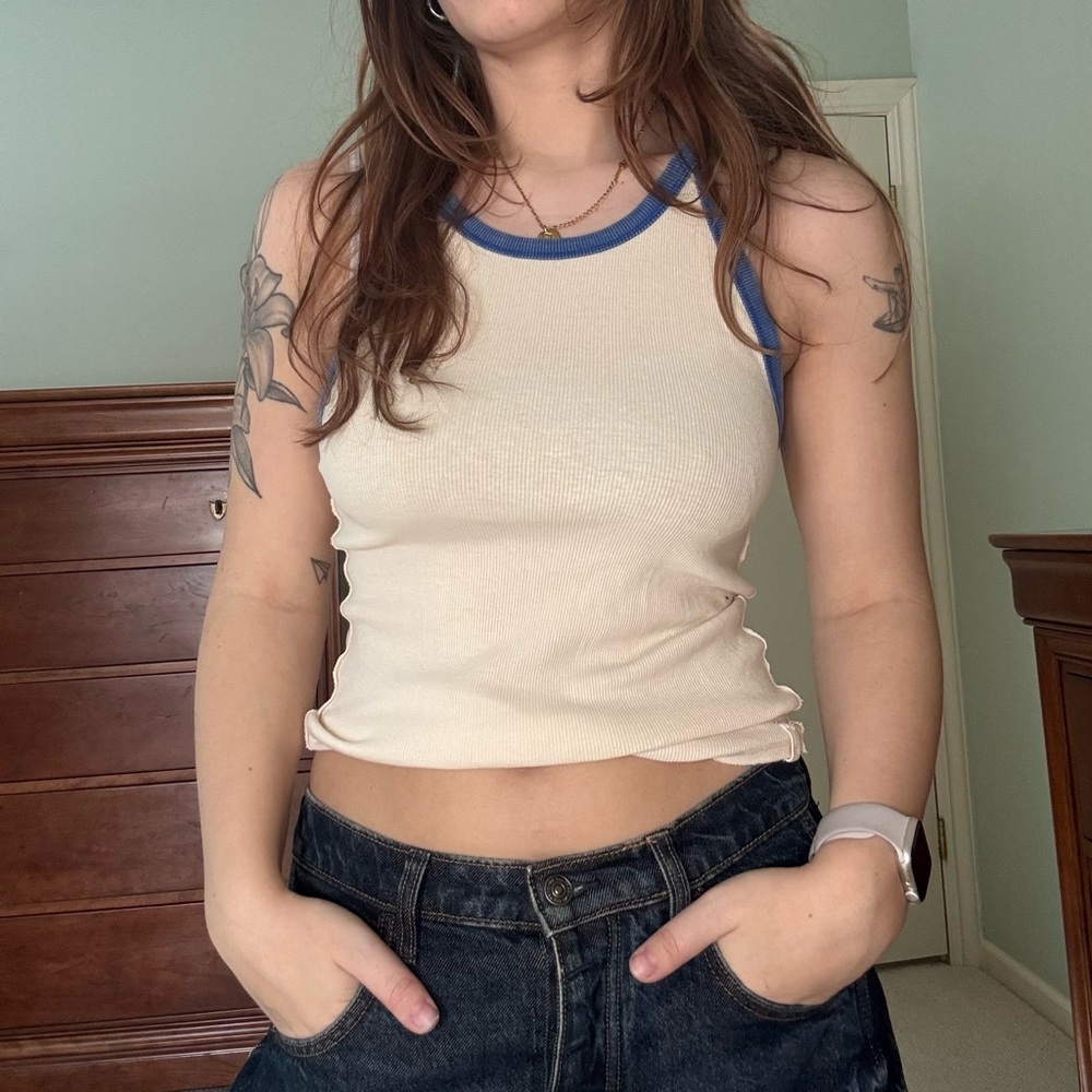 We The Free White Tank Top with Blue Accents